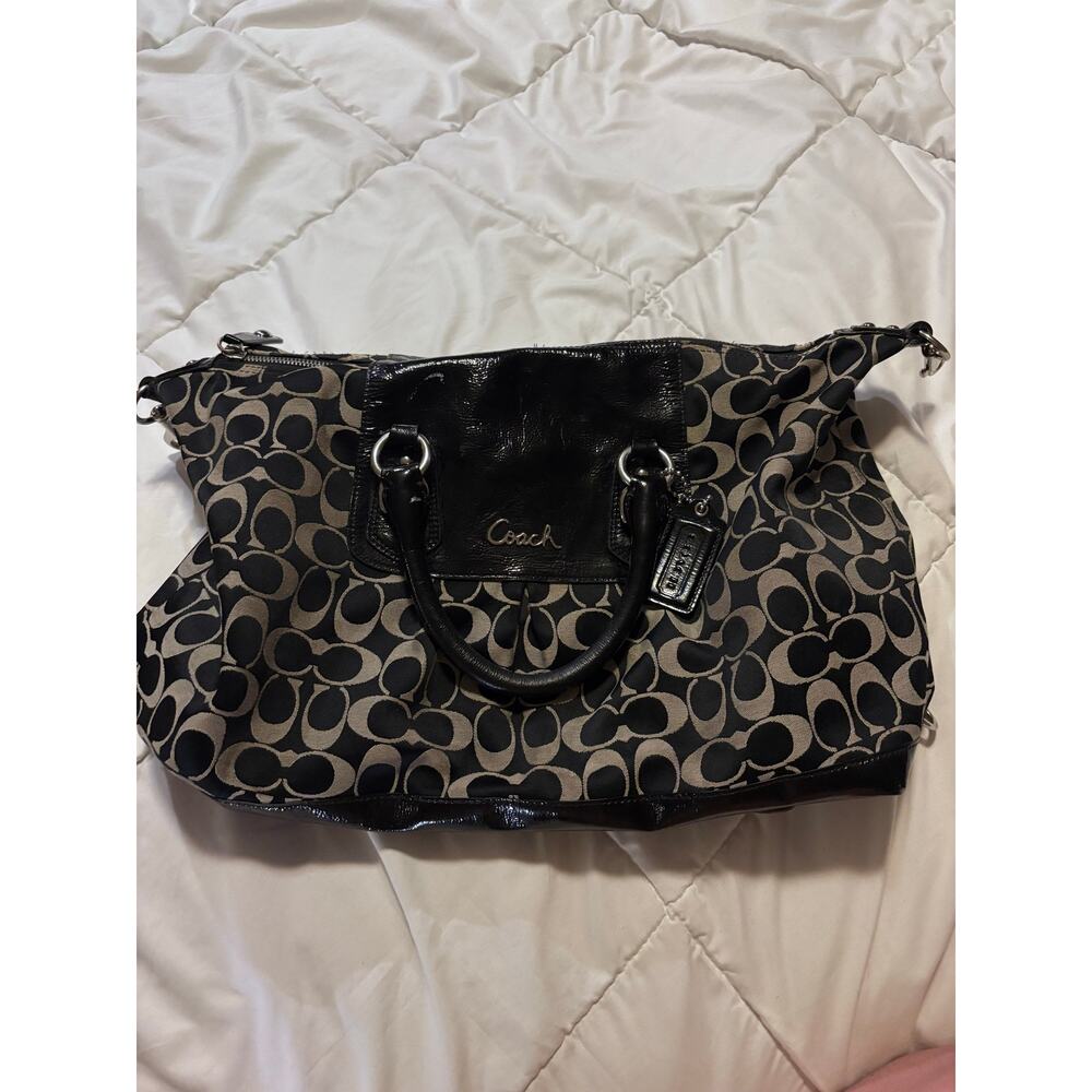 Coach Signature Satchel Carryall Tote Black Gray Patent Leather F15440 - Picture 2 of 16